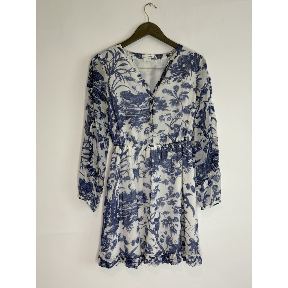 Club Monaco Women 0 100% Silk Toile De Jouy Style V-Neck Mini Dress Long Sleeve